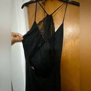 Lace open back black formal dress